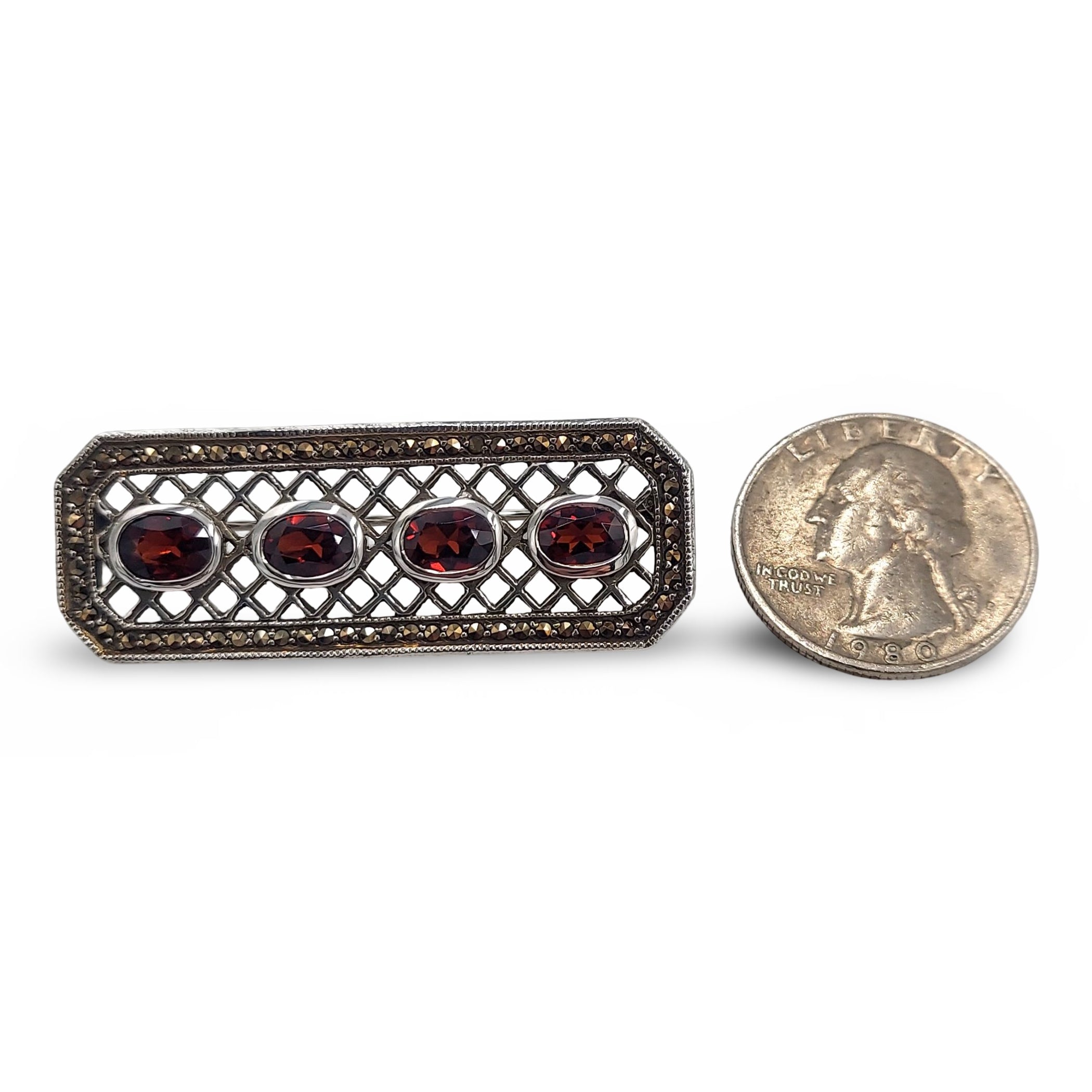 Detail view of Fine Bead Set Marcasite Pin or Brooch with 4 Oval Faceted Garnets highlighting Garnet, Marcasite