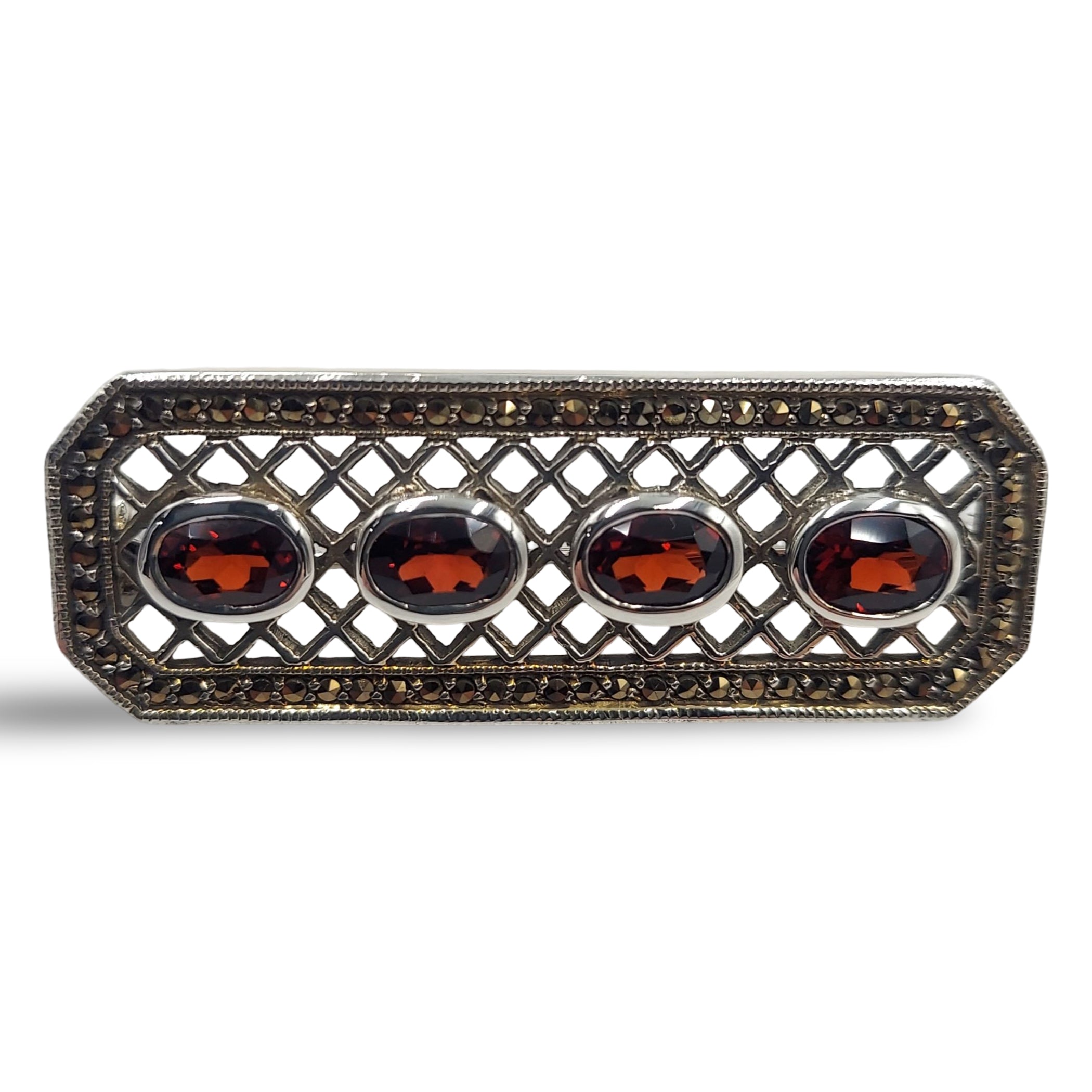 Garnet, Marcasite, sterling silver brooches / pins, front view