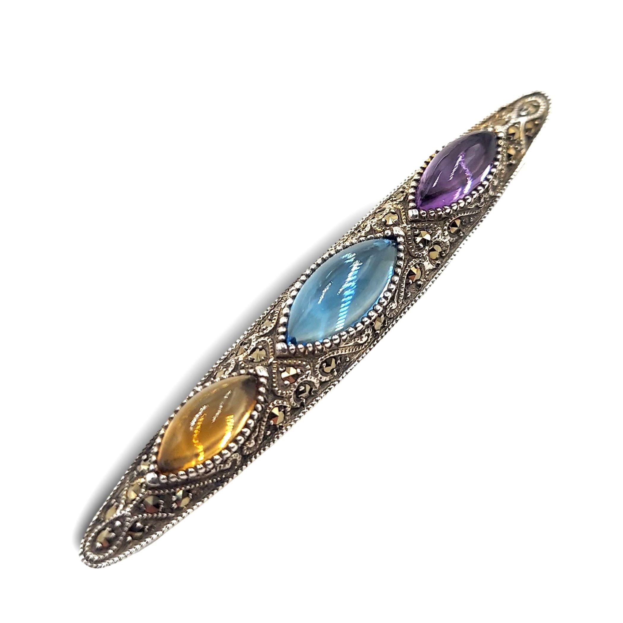 Back view of Fine Bead Set Marcasite Pin or Brooch with Citrine / Blue Topaz / Amethyst showing 925 sterling silver hallmark 