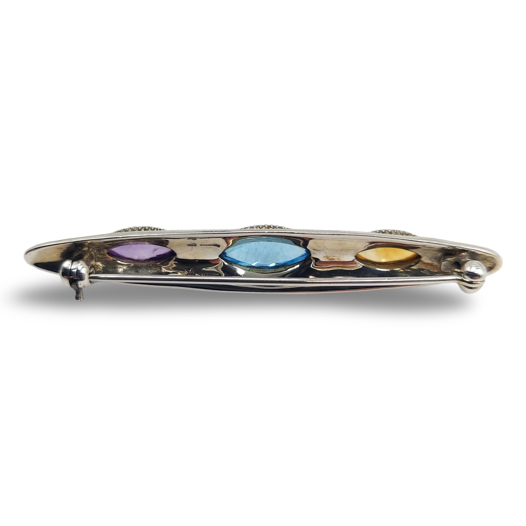 Detail view of Fine Bead Set Marcasite Pin or Brooch with Citrine / Blue Topaz / Amethyst highlighting Amethyst, Blue Topaz