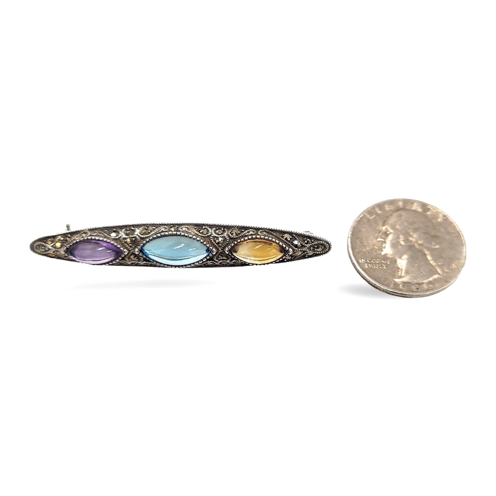 Detail view of Fine Bead Set Marcasite Pin or Brooch with Citrine / Blue Topaz / Amethyst highlighting Amethyst, Blue Topaz
