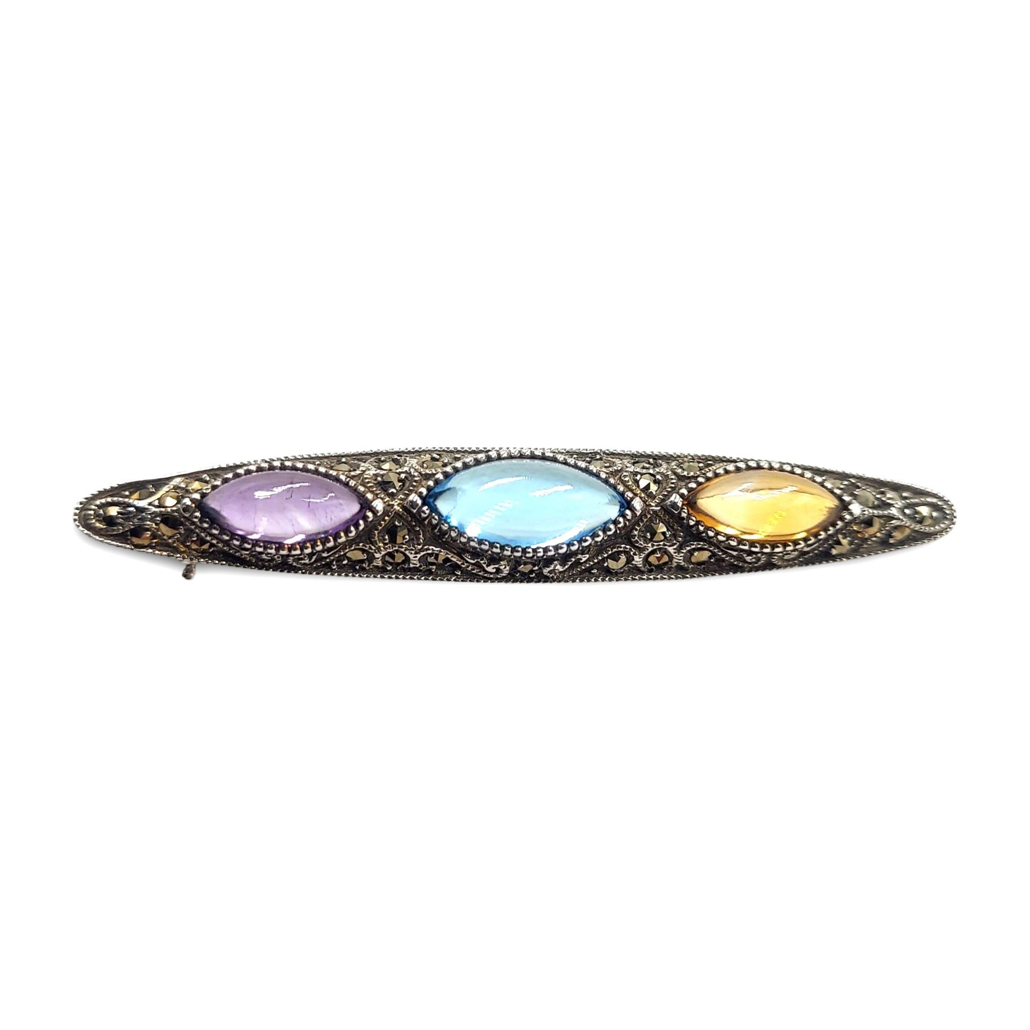 Amethyst, Blue Topaz, sterling silver brooches / pins, front view