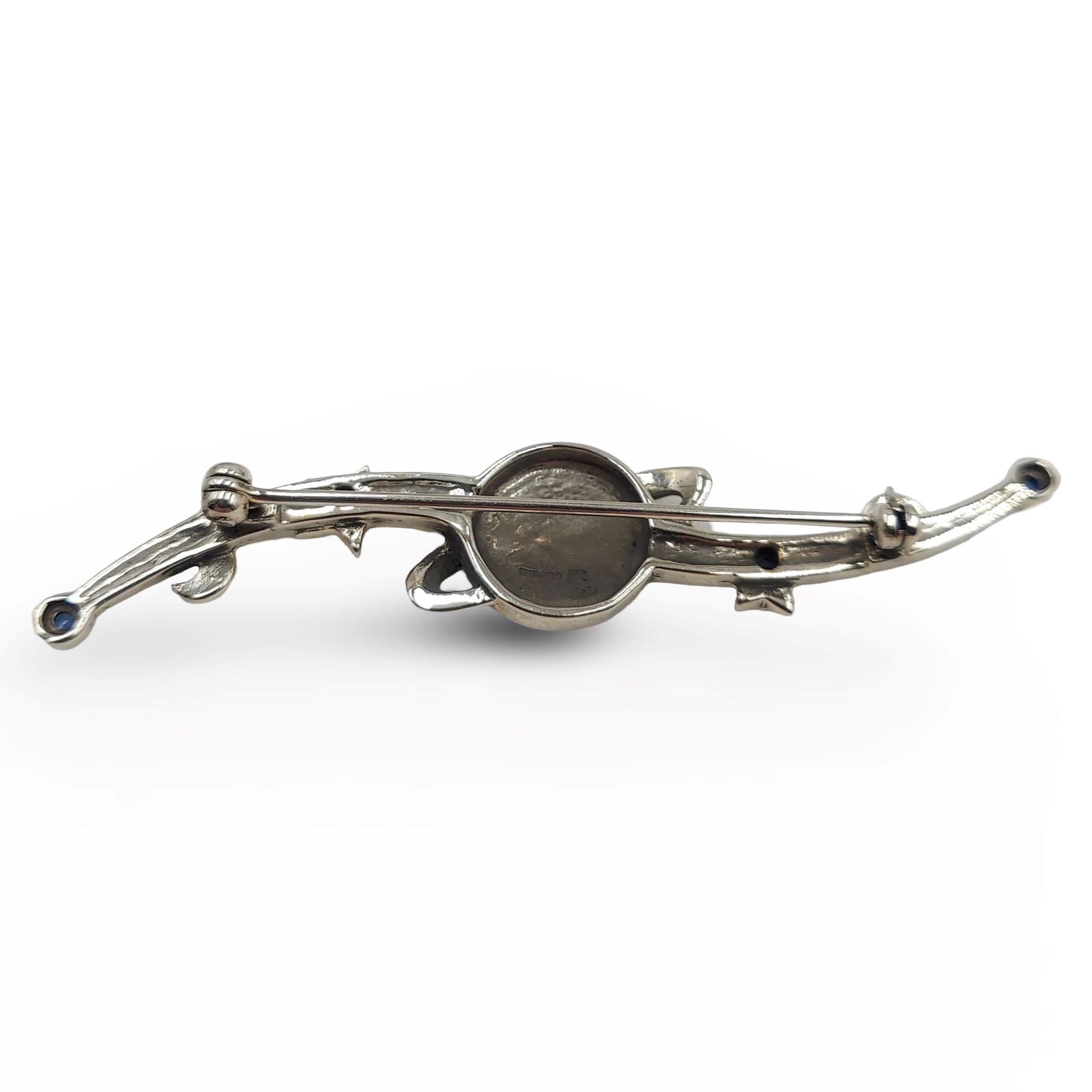 Back view of Fine Bead Set Marcasite Cosmic Saturn Pin or Brooch with MOP showing 925 sterling silver hallmark and pin back