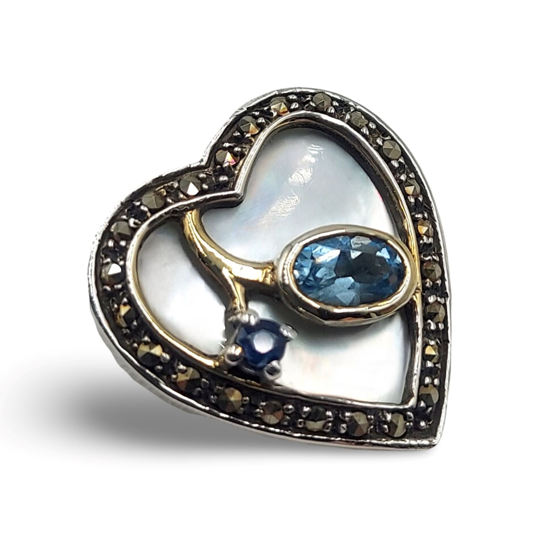 Back view of Fine Bead Set MOP Marcasite Heart Pin or Brooch with Blue Topaz and Sapphire showing 925 sterling silver hallmar
