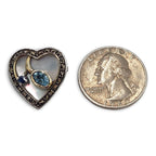 Detail view of Fine Bead Set MOP Marcasite Heart Pin or Brooch with Blue Topaz and Sapphire highlighting Blue Topaz, Sapphire