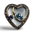 Blue Topaz, Sapphire, sterling silver brooches / pins, front view