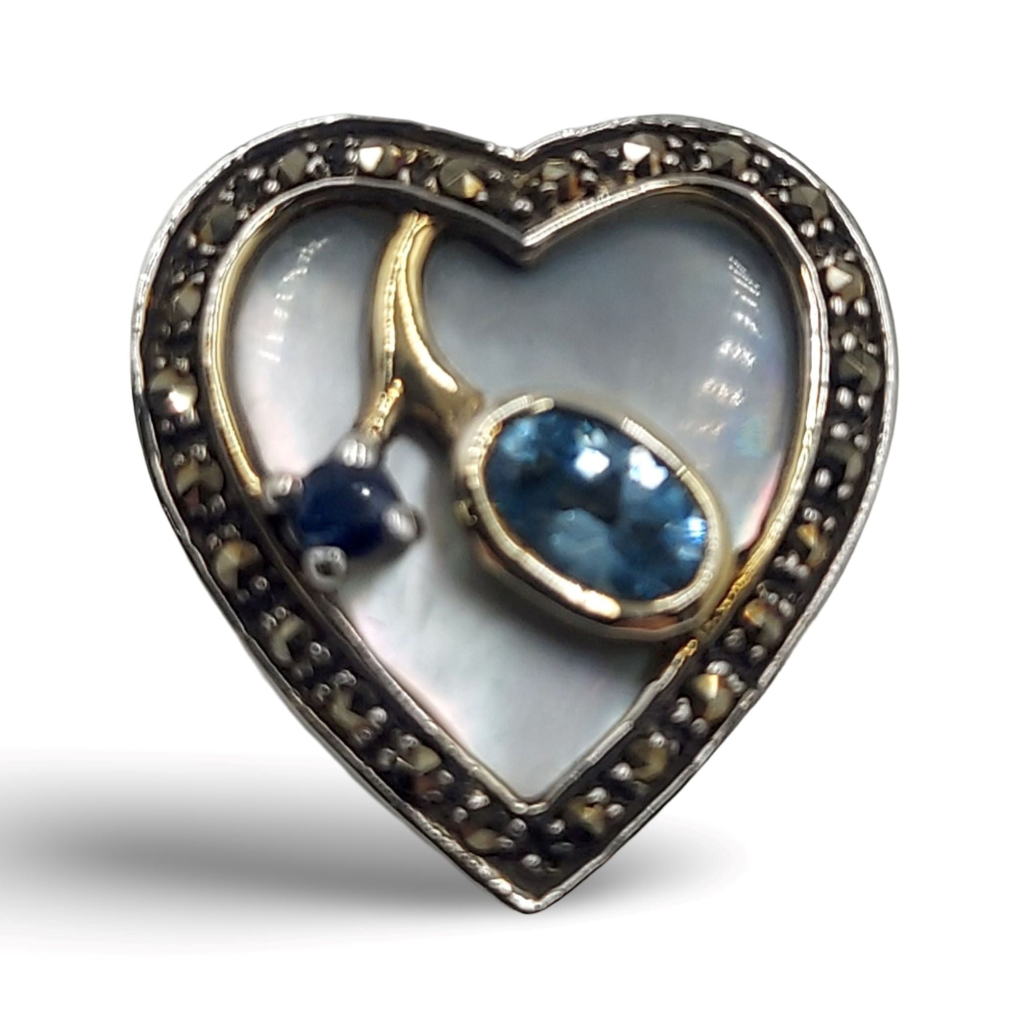 Blue Topaz, Sapphire, sterling silver brooches / pins, front view