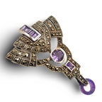 Back view of Fine Bead Set Marcasite Art Deco Style Amethyst Pin or Brooch showing 925 sterling silver hallmark and pin back