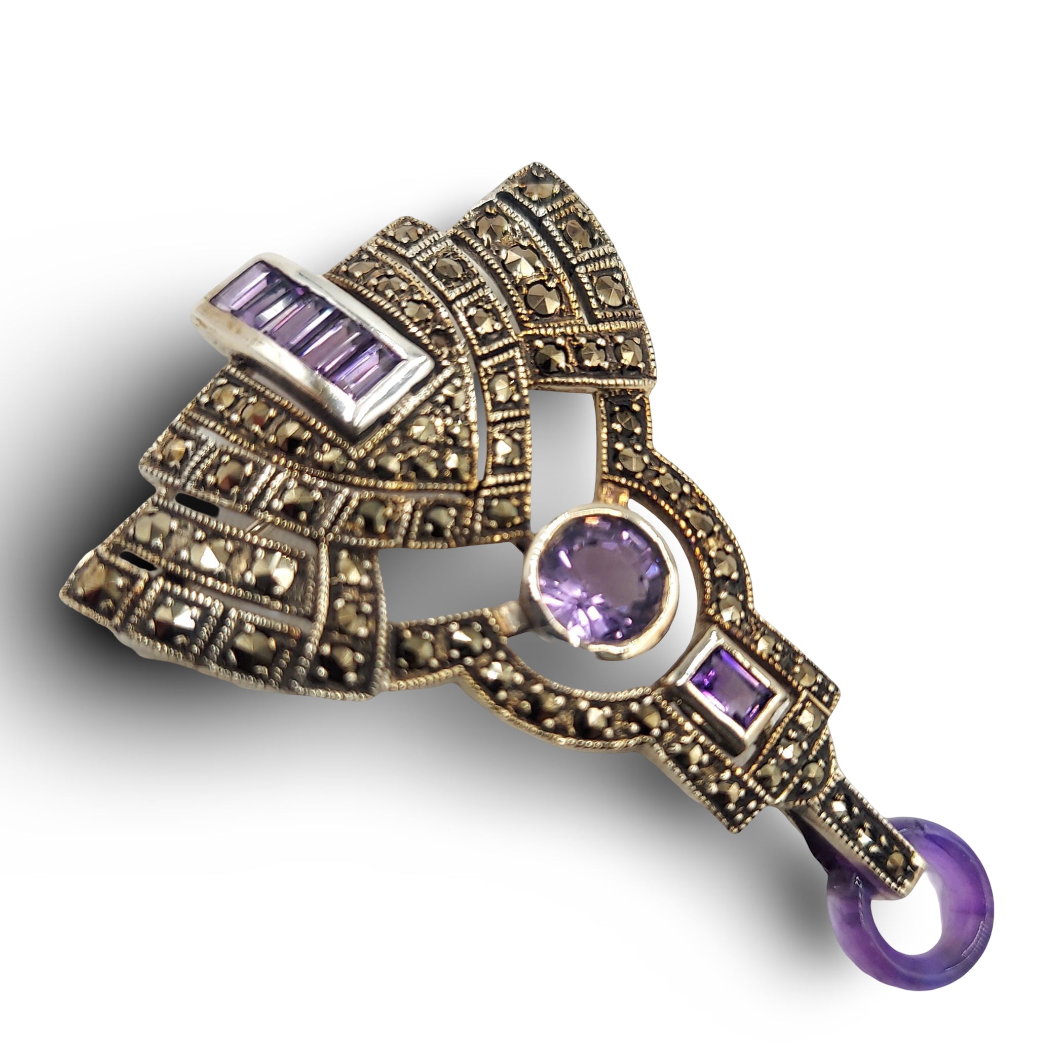 Back view of Fine Bead Set Marcasite Art Deco Style Amethyst Pin or Brooch showing 925 sterling silver hallmark and pin back