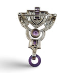Detail view of Fine Bead Set Marcasite Art Deco Style Amethyst Pin or Brooch highlighting Amethyst, Marcasite