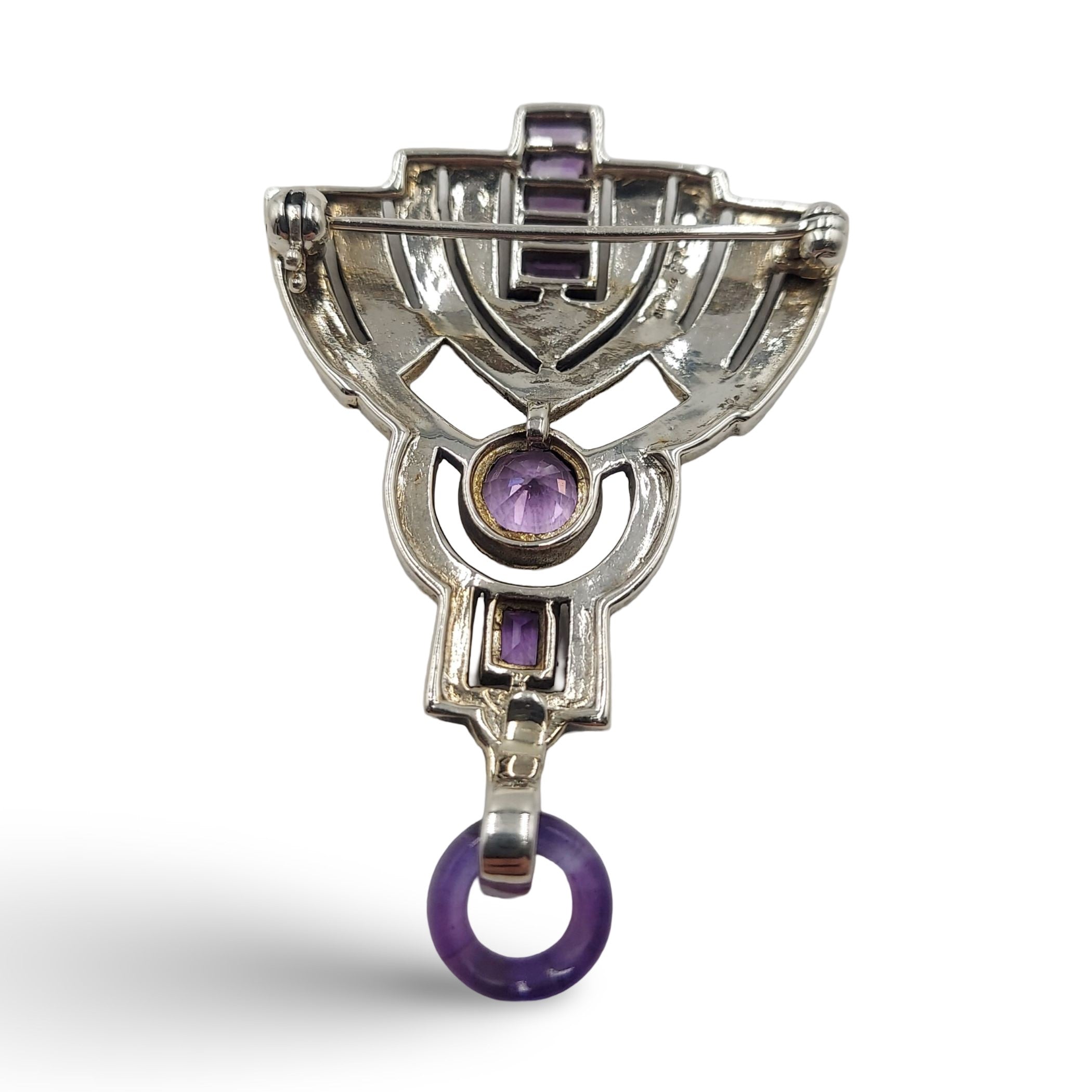 Detail view of Fine Bead Set Marcasite Art Deco Style Amethyst Pin or Brooch highlighting Amethyst, Marcasite