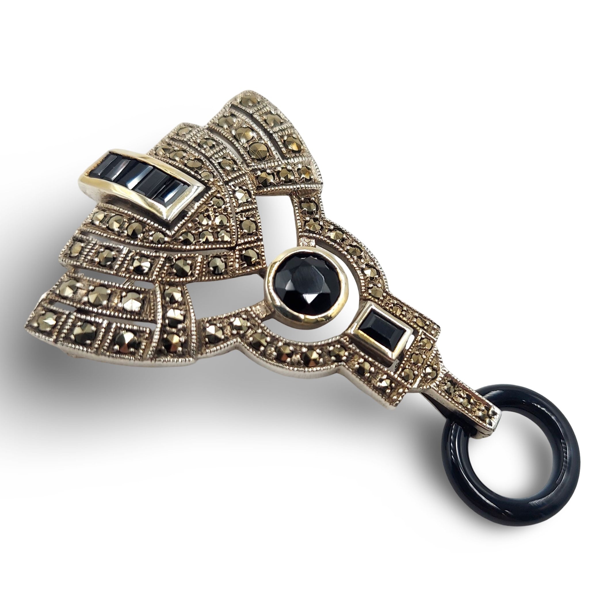 Back view of Fine Bead Set Marcasite Art Deco Style Onyx Pin or Brooch showing 925 sterling silver hallmark and pin back