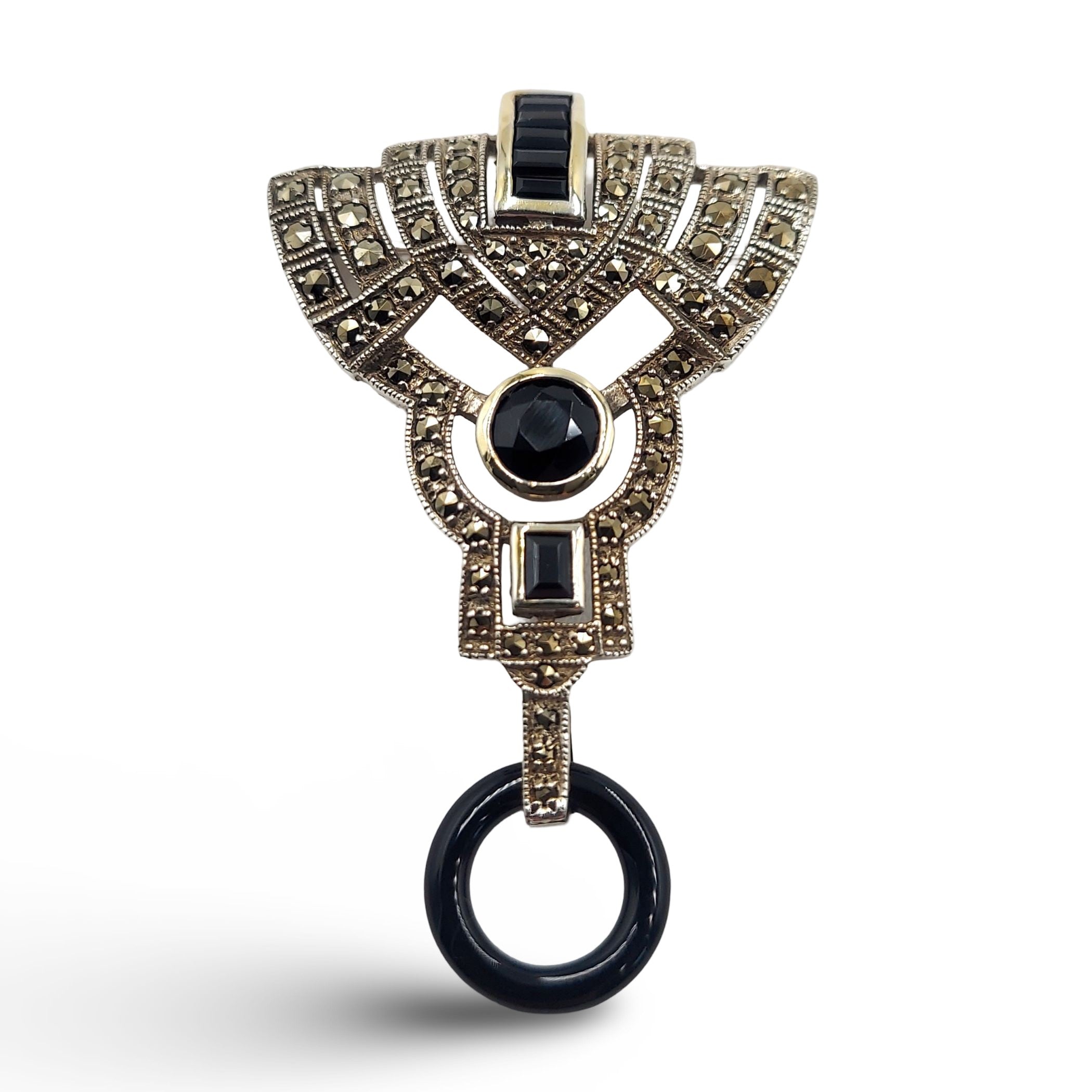 Art Deco style, Marcasite, Onyx, sterling silver brooches / pins, front view