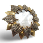 Back view of Fine Bead Set Marcasite MOP Sunburst Pin or Brooch w/ Gold Vermeil - Sterling Silver Art Deco Style showing 925 