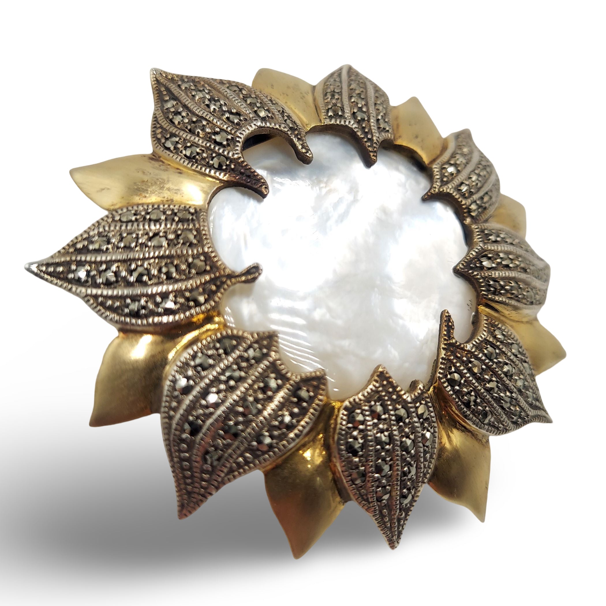 Back view of Fine Bead Set Marcasite MOP Sunburst Pin or Brooch w/ Gold Vermeil - Sterling Silver Art Deco Style showing 925 