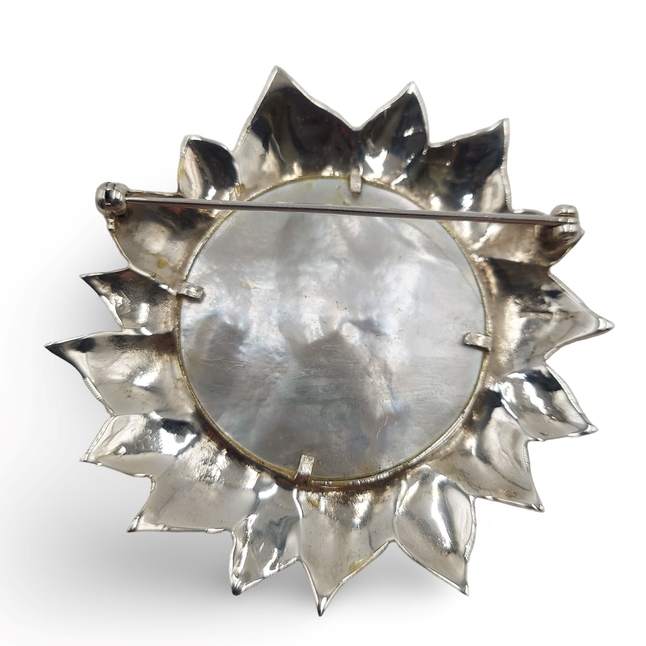 Detail view of Fine Bead Set Marcasite MOP Sunburst Pin or Brooch w/ Gold Vermeil - Sterling Silver Art Deco Style highlighti