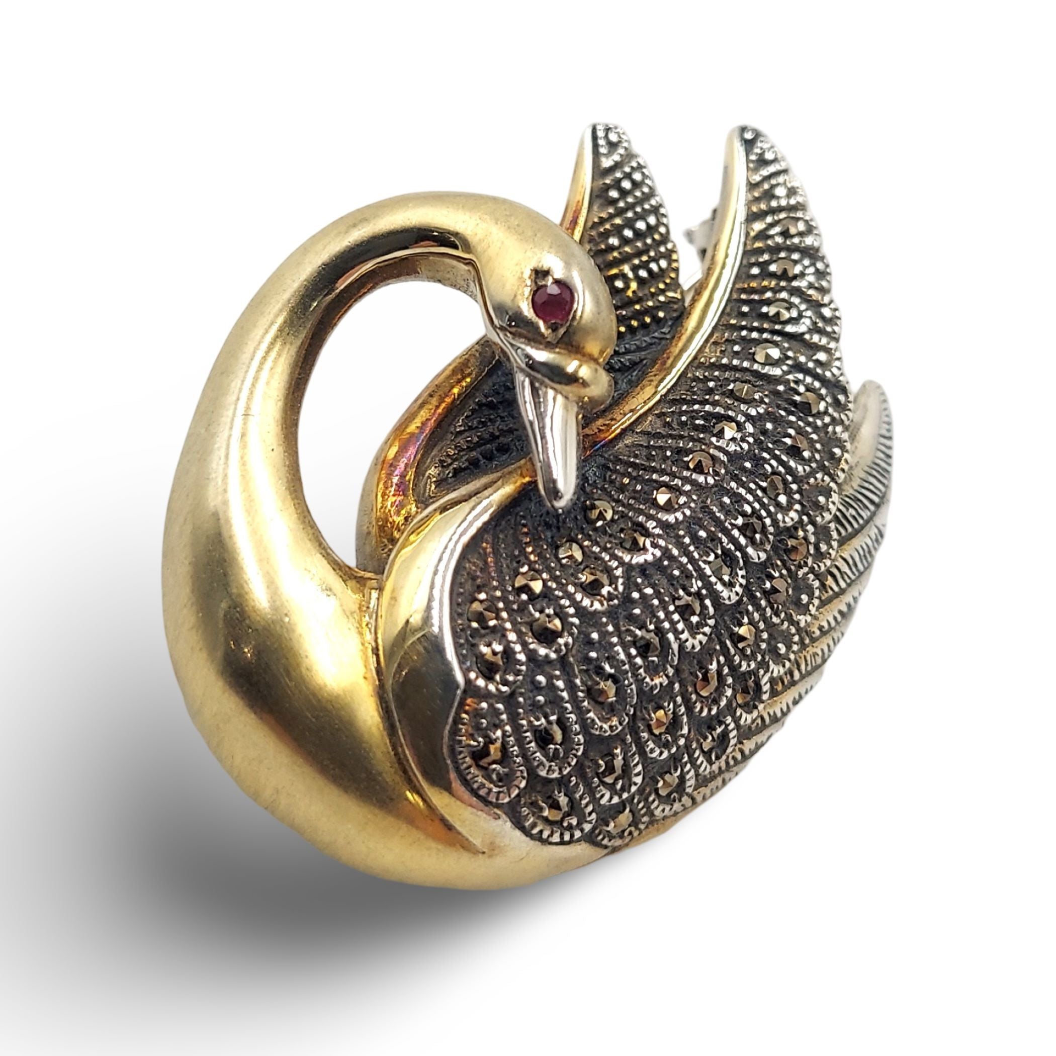 Back view of Fine Bead Set Marcasite Swan Pin or Brooch with Ruby - Sterling Silver Gold Vermeil showing 925 sterling silver 
