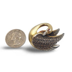 Detail view of Fine Bead Set Marcasite Swan Pin or Brooch with Ruby - Sterling Silver Gold Vermeil highlighting Ruby, Marcasi