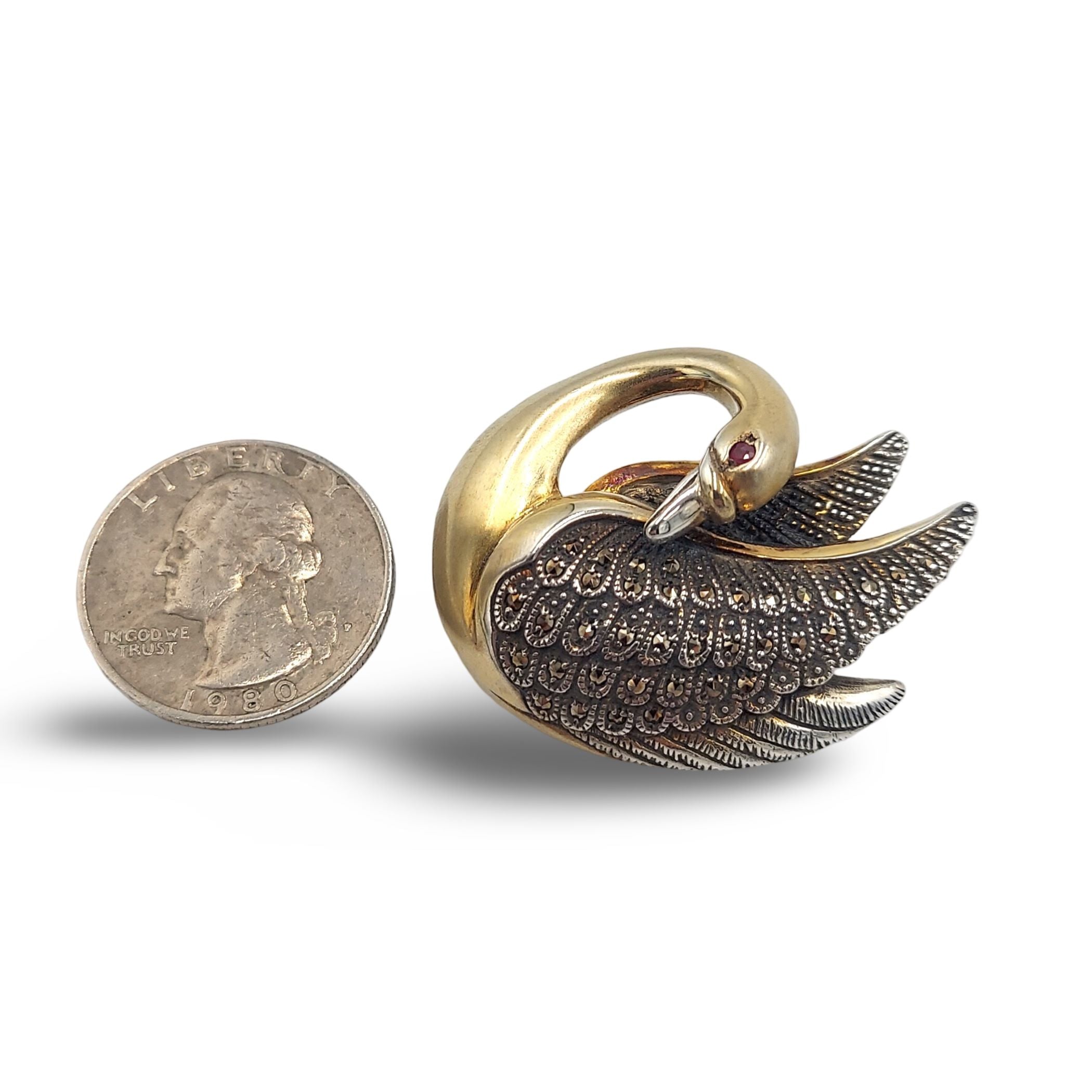 Detail view of Fine Bead Set Marcasite Swan Pin or Brooch with Ruby - Sterling Silver Gold Vermeil highlighting Ruby, Marcasi