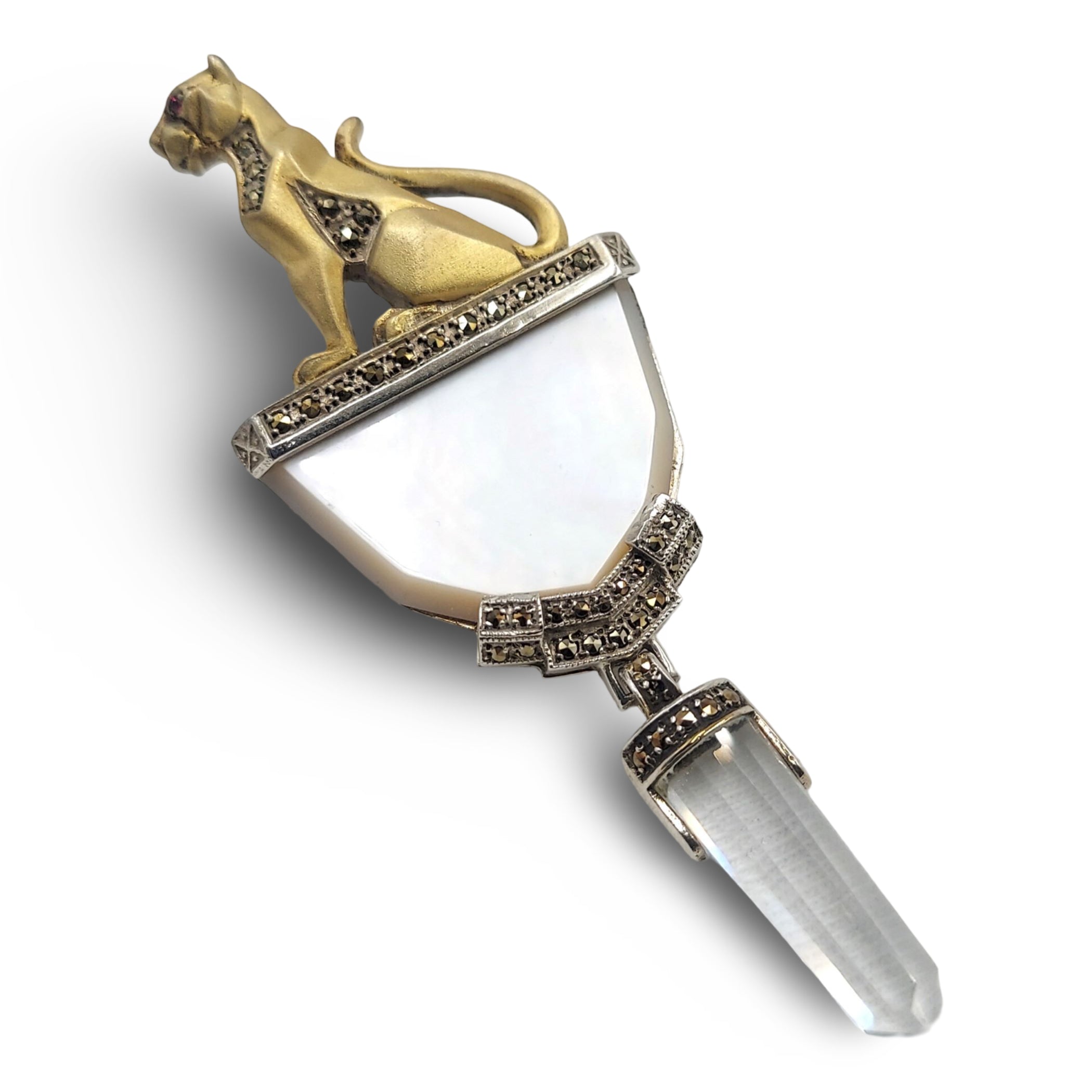Back view of Fine Bead Set Marcasite Egyptian Revival Bigger Cat Pin or Brooch w/ MOP and Crystal Dangle - Gold Vermeil over 