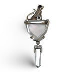 Detail view of Fine Bead Set Marcasite Egyptian Revival Bigger Cat Pin or Brooch w/ MOP and Crystal Dangle - Gold Vermeil ove