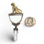Detail view of Fine Bead Set Marcasite Egyptian Revival Bigger Cat Pin or Brooch w/ MOP and Crystal Dangle - Gold Vermeil ove