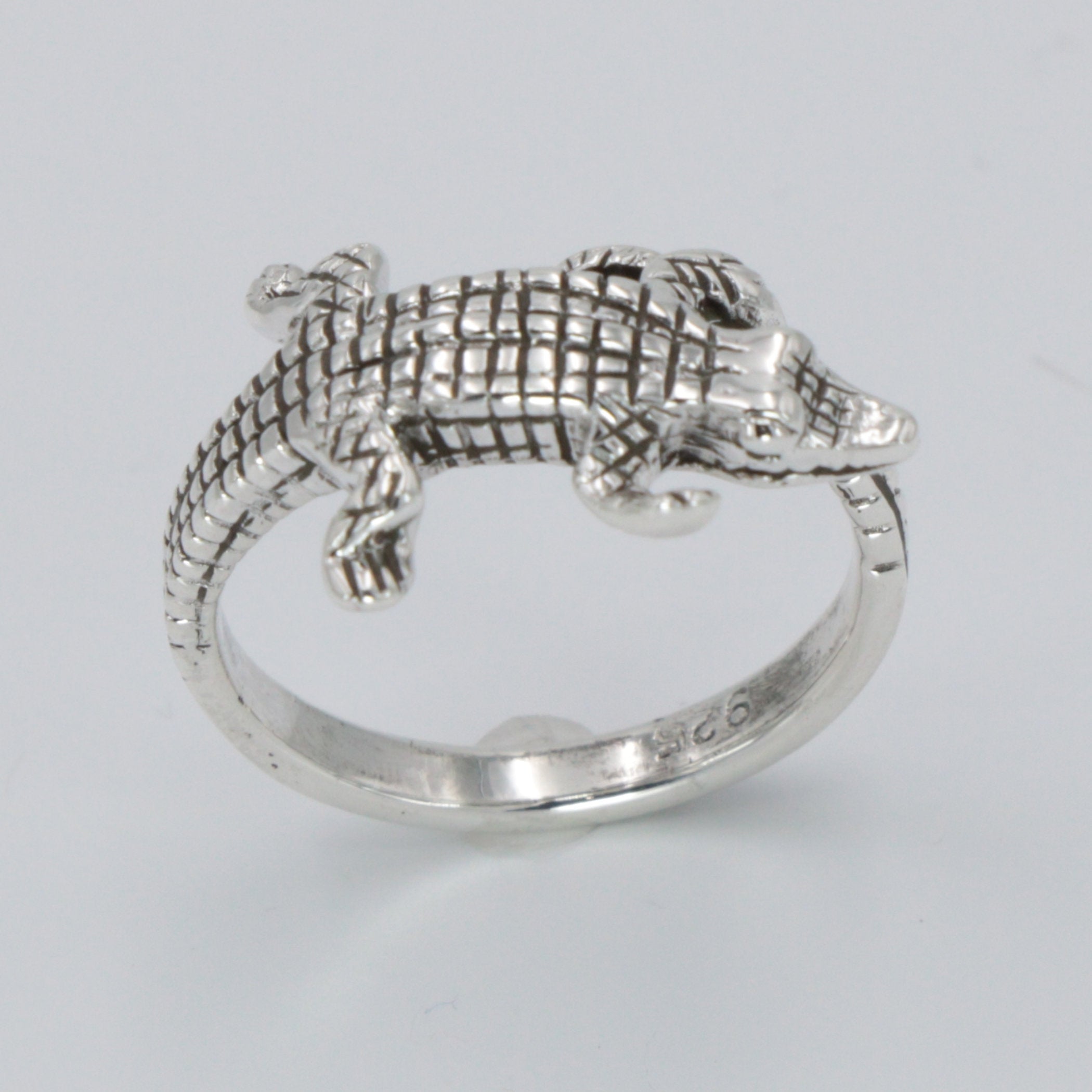 Back view of Alligator Ring - Sterling Silver - Highly Detailed showing 925 sterling silver hallmark