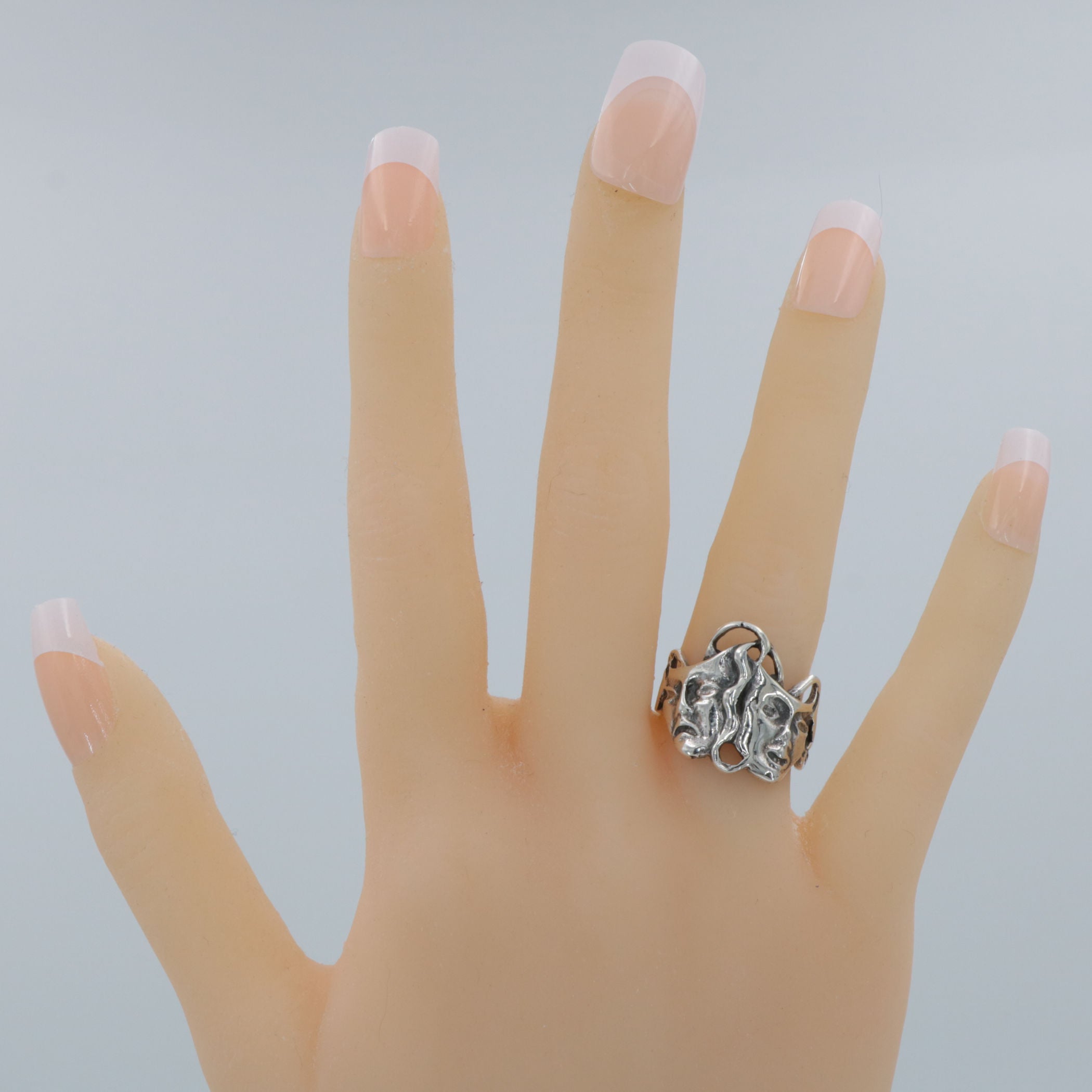 Detail view of Classic Comedy Tragedy Ring Thespian Ring in fine Sterling Silver highlighting design details