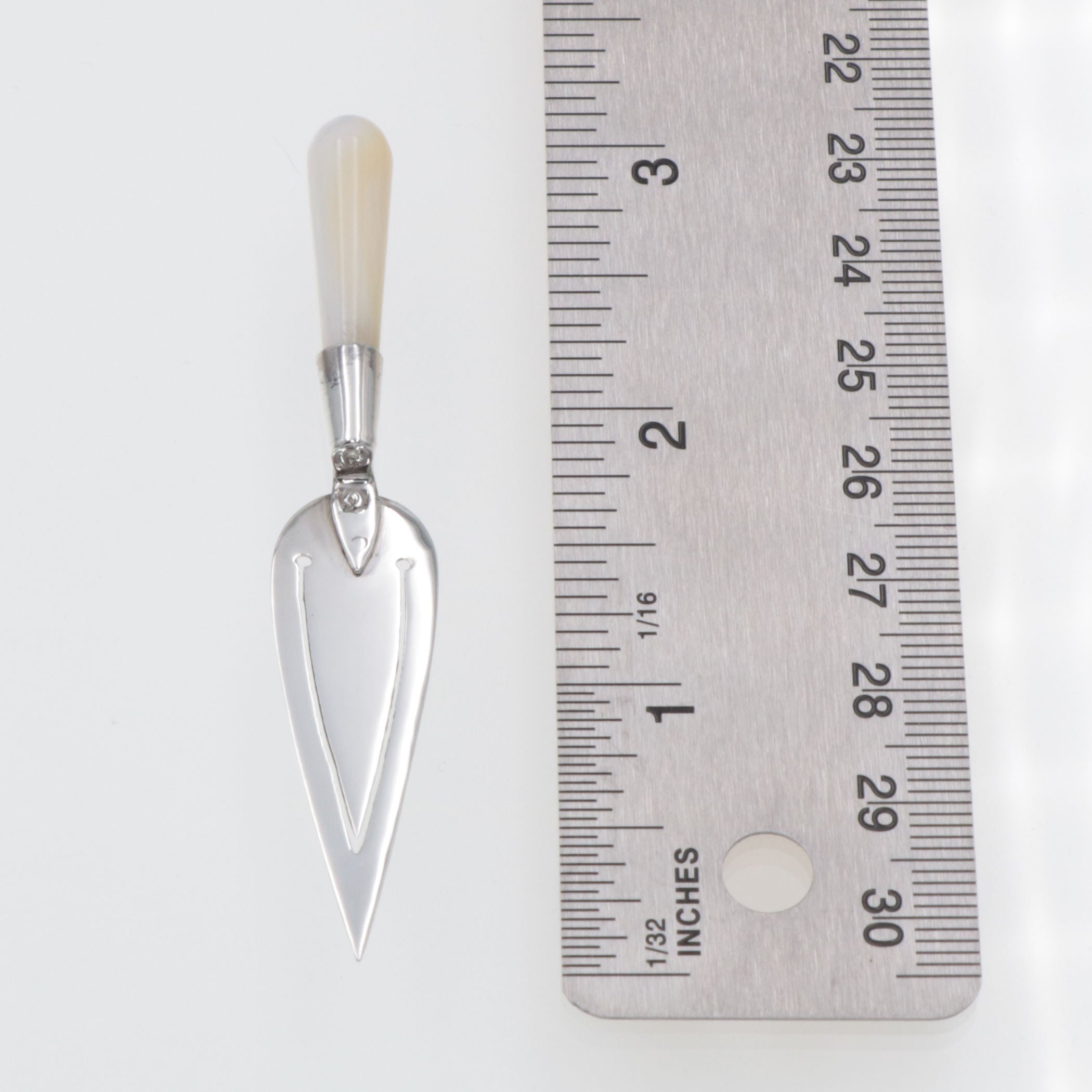 Detail view of Trowel Bookmark Fresh Water Mother of Pearl Handle highlighting Pearl, Mother of Pearl