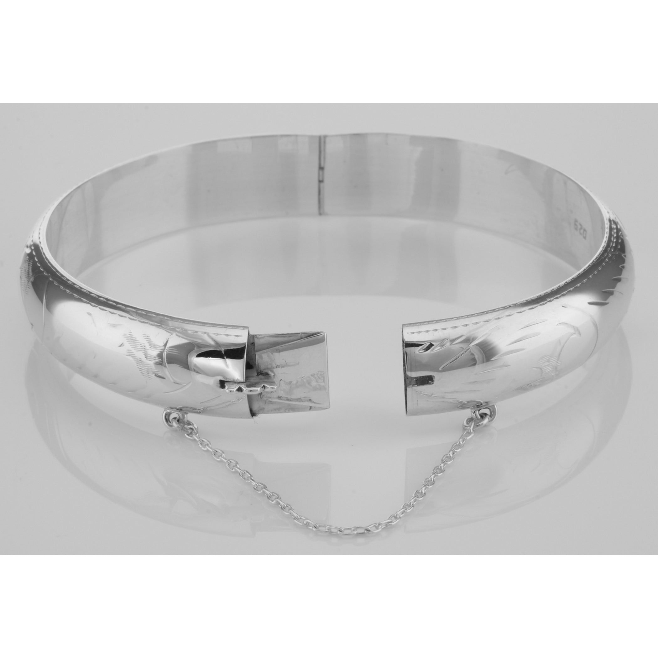 Back view of Bangle Bracelet Engraved Design 12 mm showing 925 sterling silver hallmark and toggle or lobster clasp