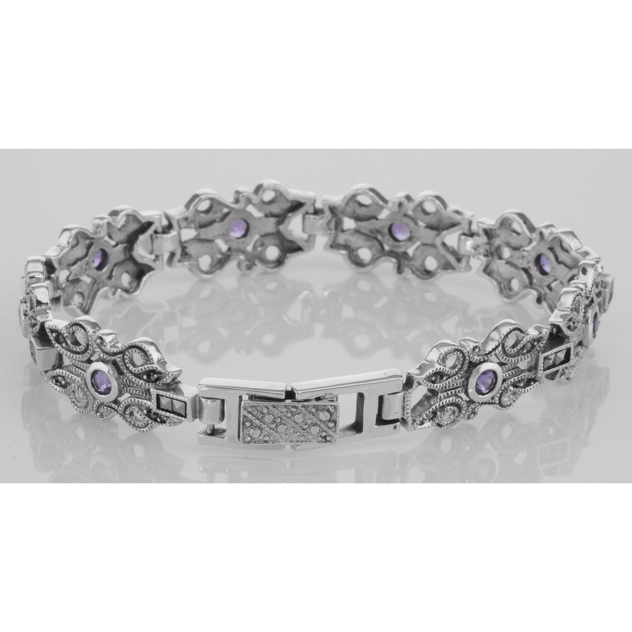 Back view of Victorian Style Marcasite Amethyst Bracelet - 7 1/4 inches showing 925 sterling silver hallmark and toggle or lo