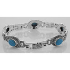 Back view of Classic Turquoise and Marcasite Bracelet - Large showing 925 sterling silver hallmark and toggle or lobster clas