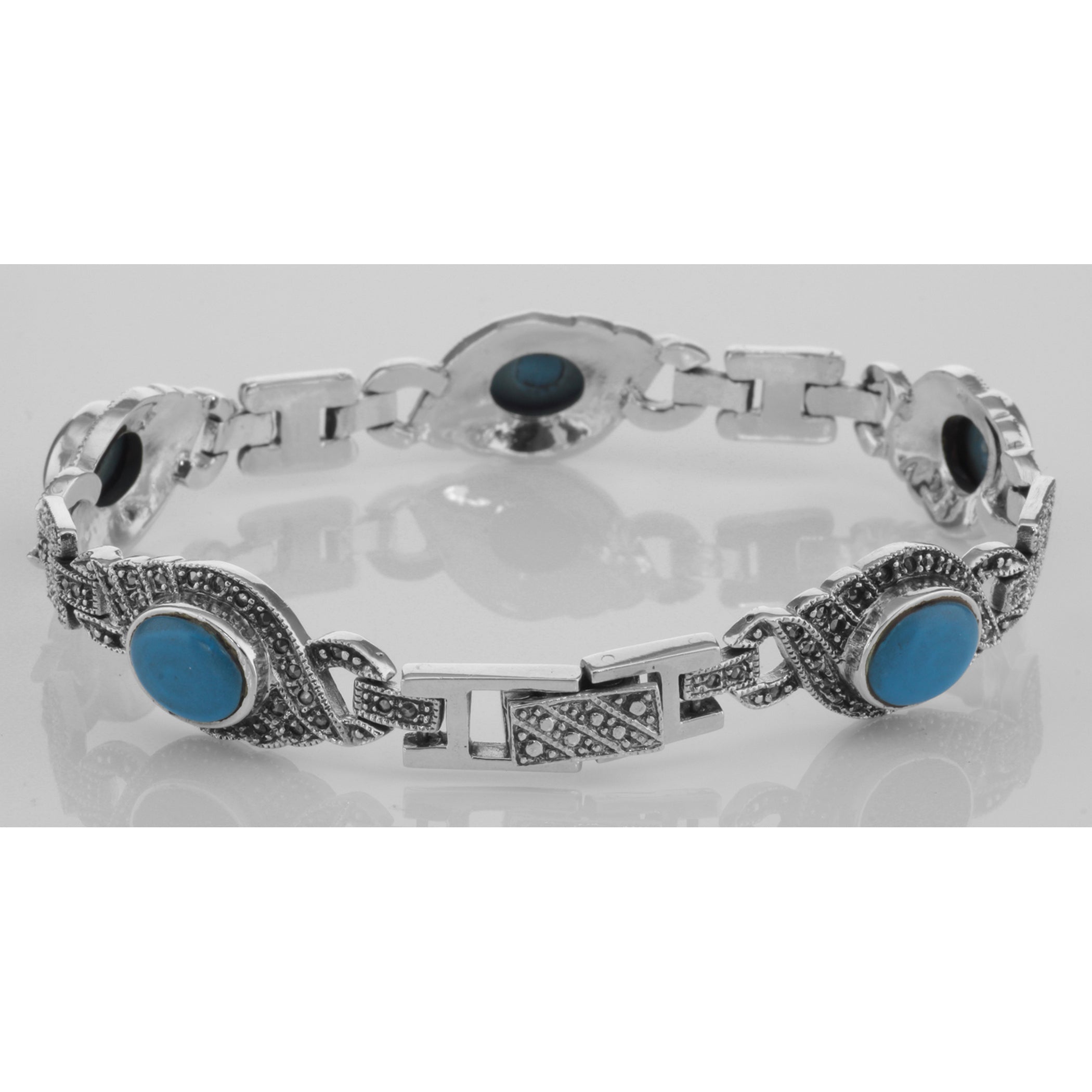 Back view of Classic Turquoise and Marcasite Bracelet - Large showing 925 sterling silver hallmark and toggle or lobster clas