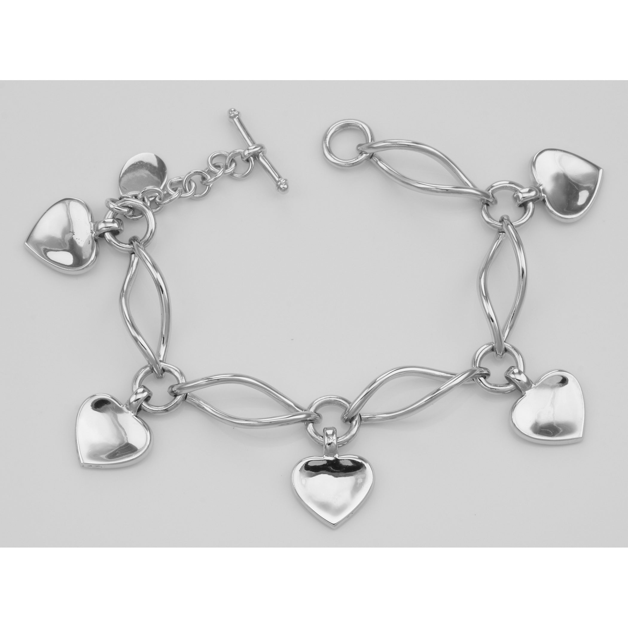 Back view of Beautiful Ferroni Italian made Twisted Heart Bracelet - 7 inch showing 925 sterling silver hallmark and toggle o