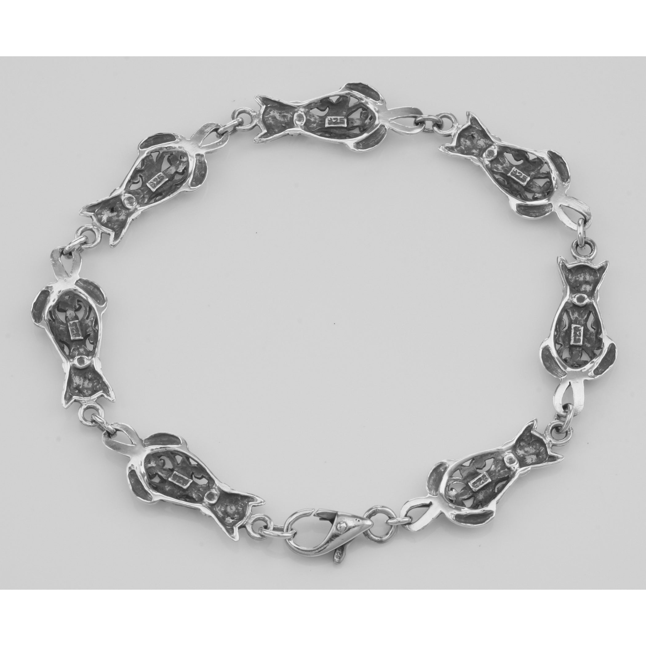 Back view of Filigree Cat / Kitty Bracelet showing 925 sterling silver hallmark and toggle or lobster clasp