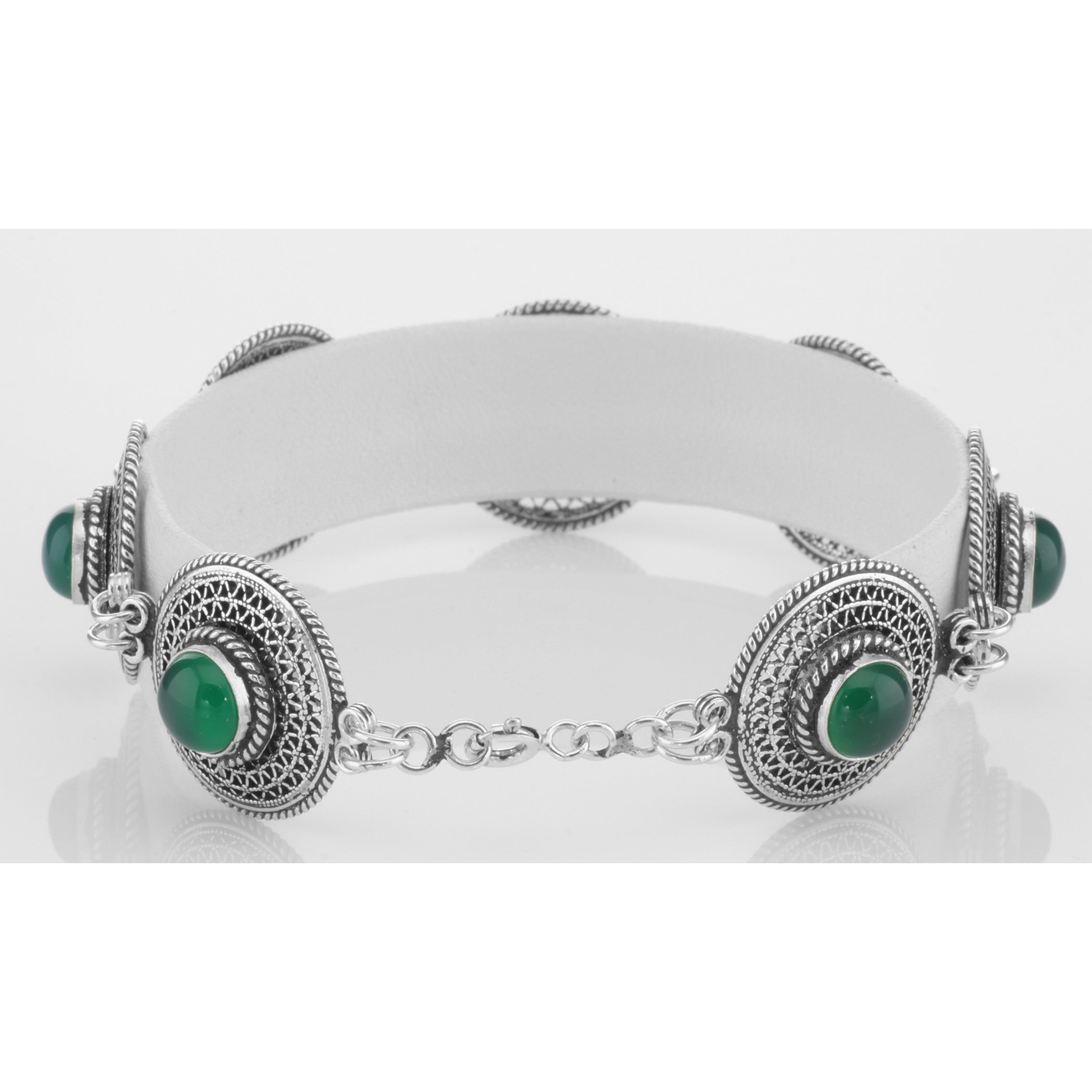 Back view of Classic Vintage Style Filigree Green Agate Filigree Bracelet showing 925 sterling silver hallmark and toggle or 
