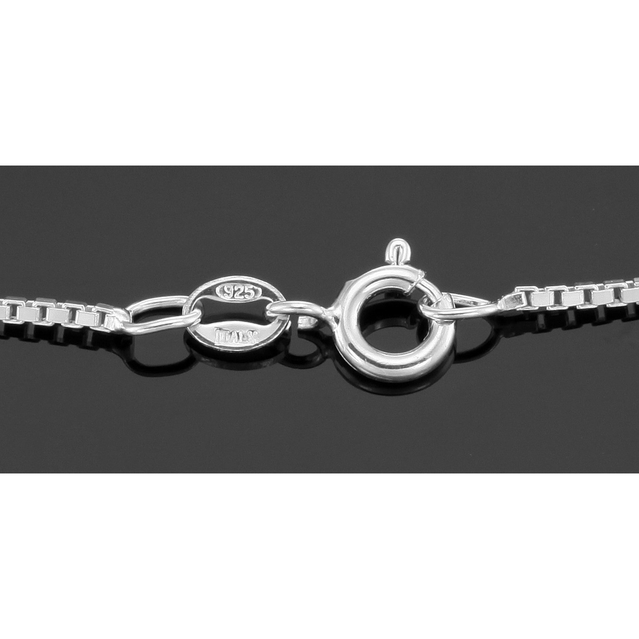 Back view of Box Chain Necklace - 30 inch - 1.3mm showing 925 sterling silver hallmark and spring ring clasp