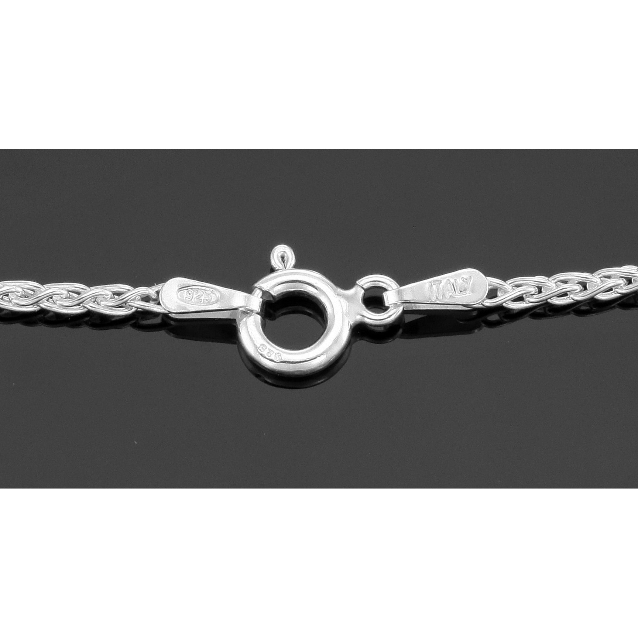 Back view of Spiga / Wheat Chain Necklace - 18 inch showing 925 sterling silver hallmark and spring ring clasp
