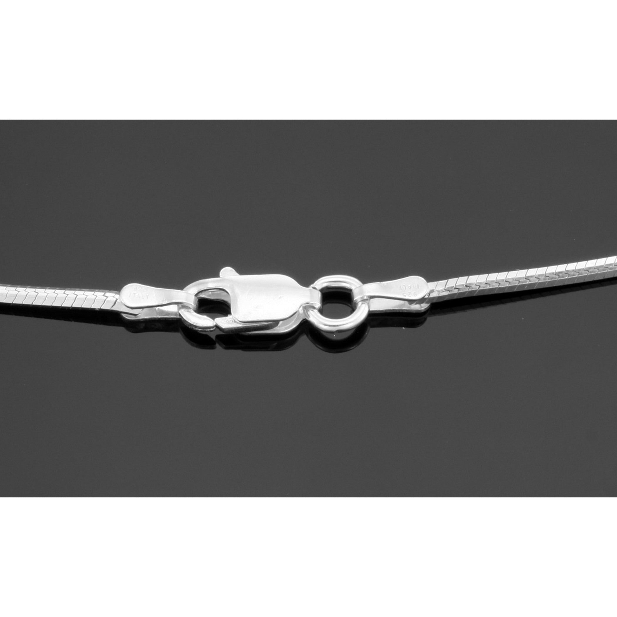 Back view of 16 inch - 1.2 mm Square Snake Chain Necklace showing 925 sterling silver hallmark and spring ring clasp