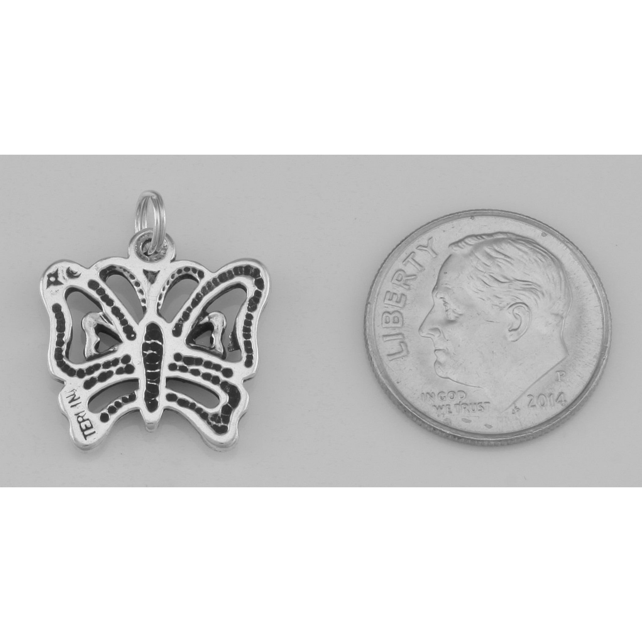 Back view of Cute Filigree Butterfly Charm or Pendant showing 925 sterling silver hallmark and spring ring clasp