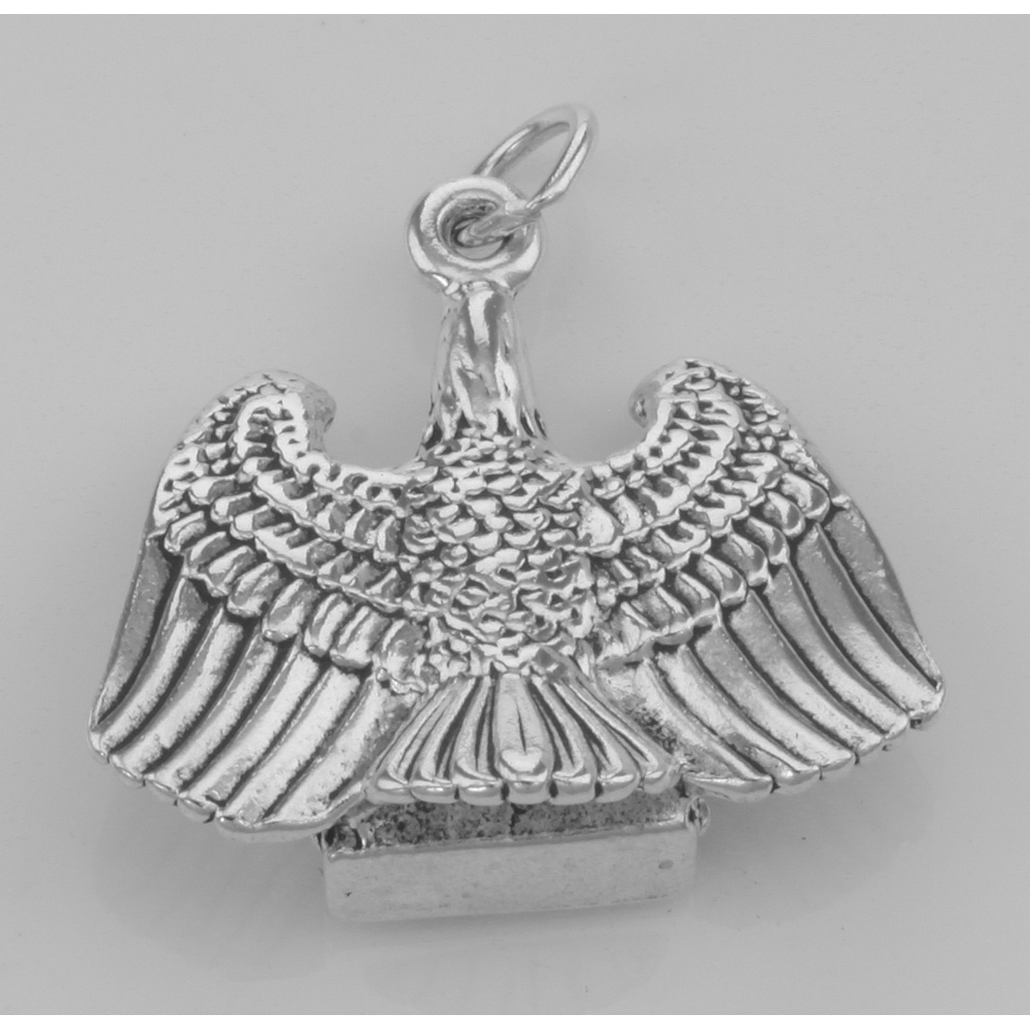 Back view of Classic American Bald Eagle Charm or Pendant showing 925 sterling silver hallmark and spring ring clasp
