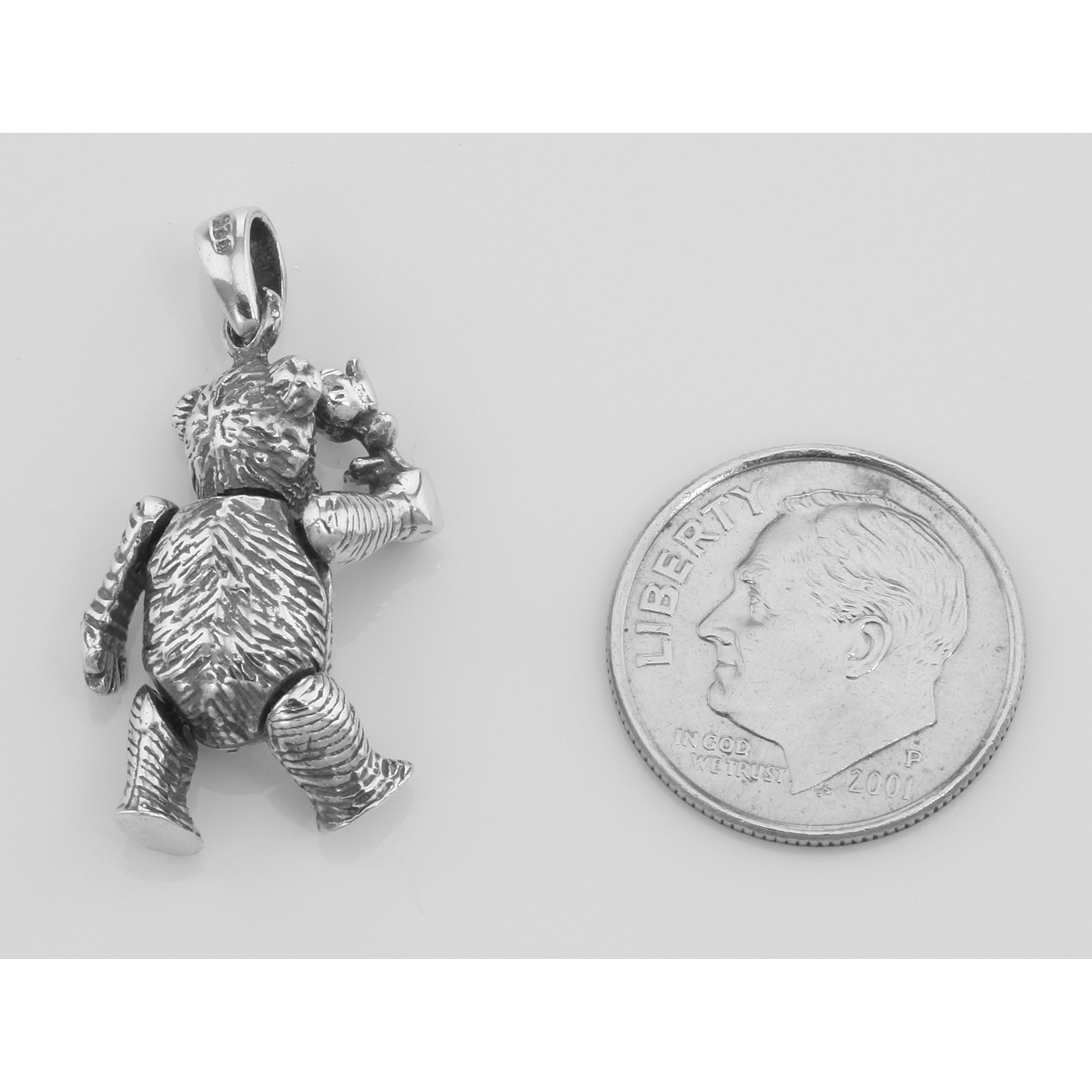 Back view of Teddy Bear Rose in Hand Pendant Charm - Movable Sterling Silver showing 925 sterling silver hallmark and spring 