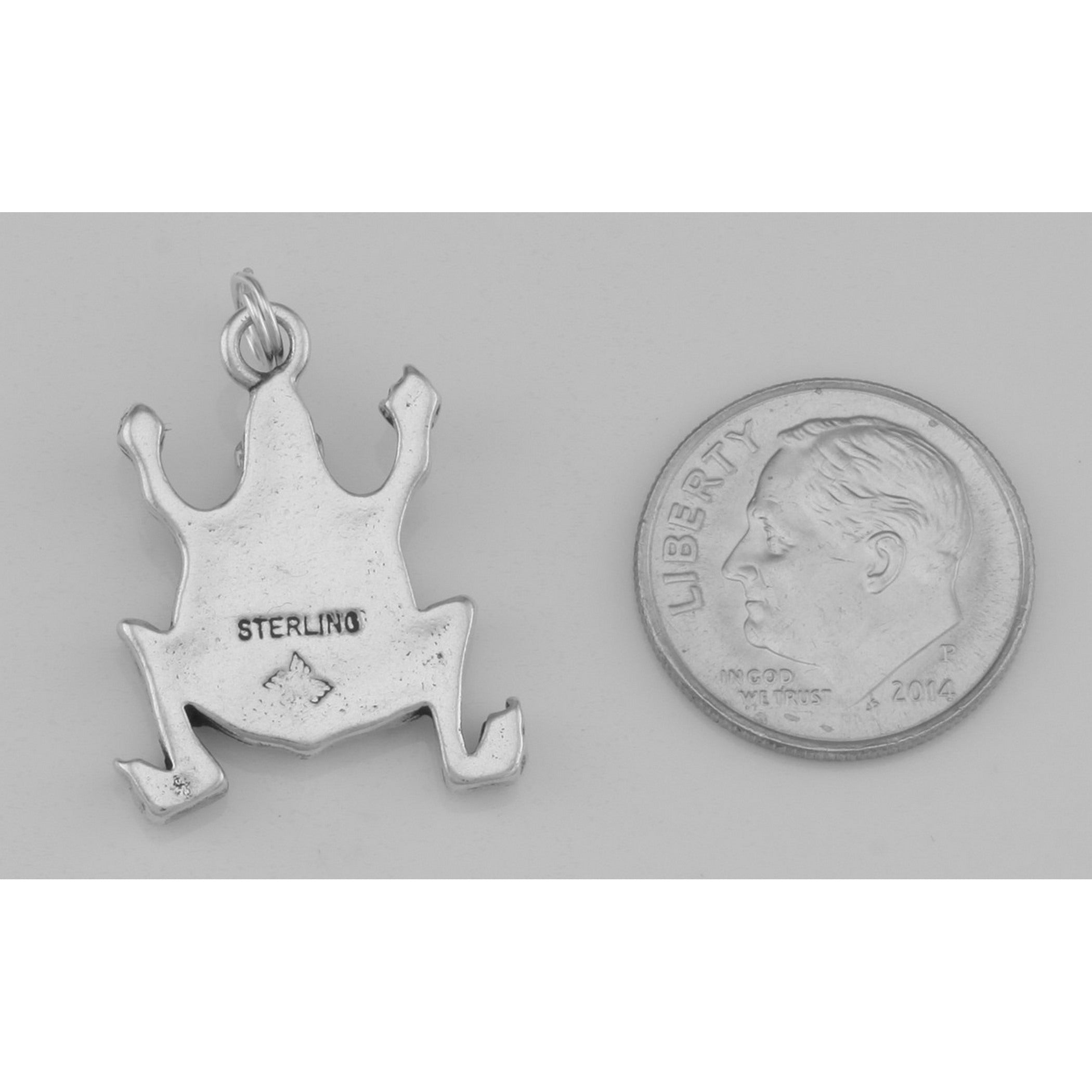 Back view of Vintage Style Frog Charm or Pendant - Stylized showing 925 sterling silver hallmark and spring ring clasp