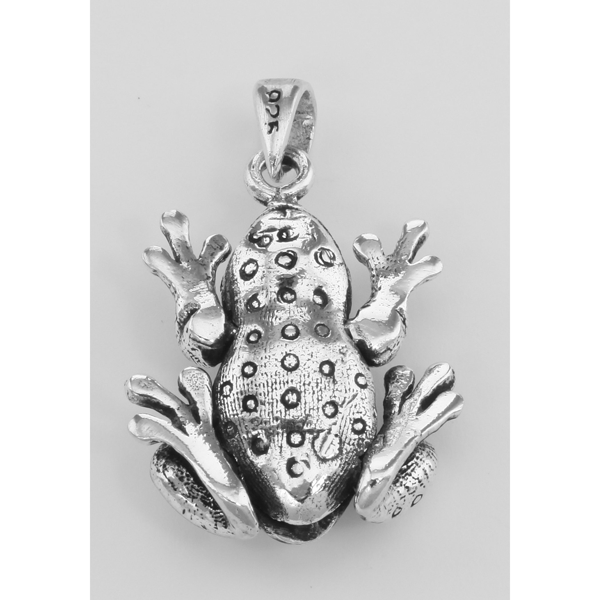 Back view of Frog Moveable Legs Charm Pendant - Movable showing 925 sterling silver hallmark and spring ring clasp