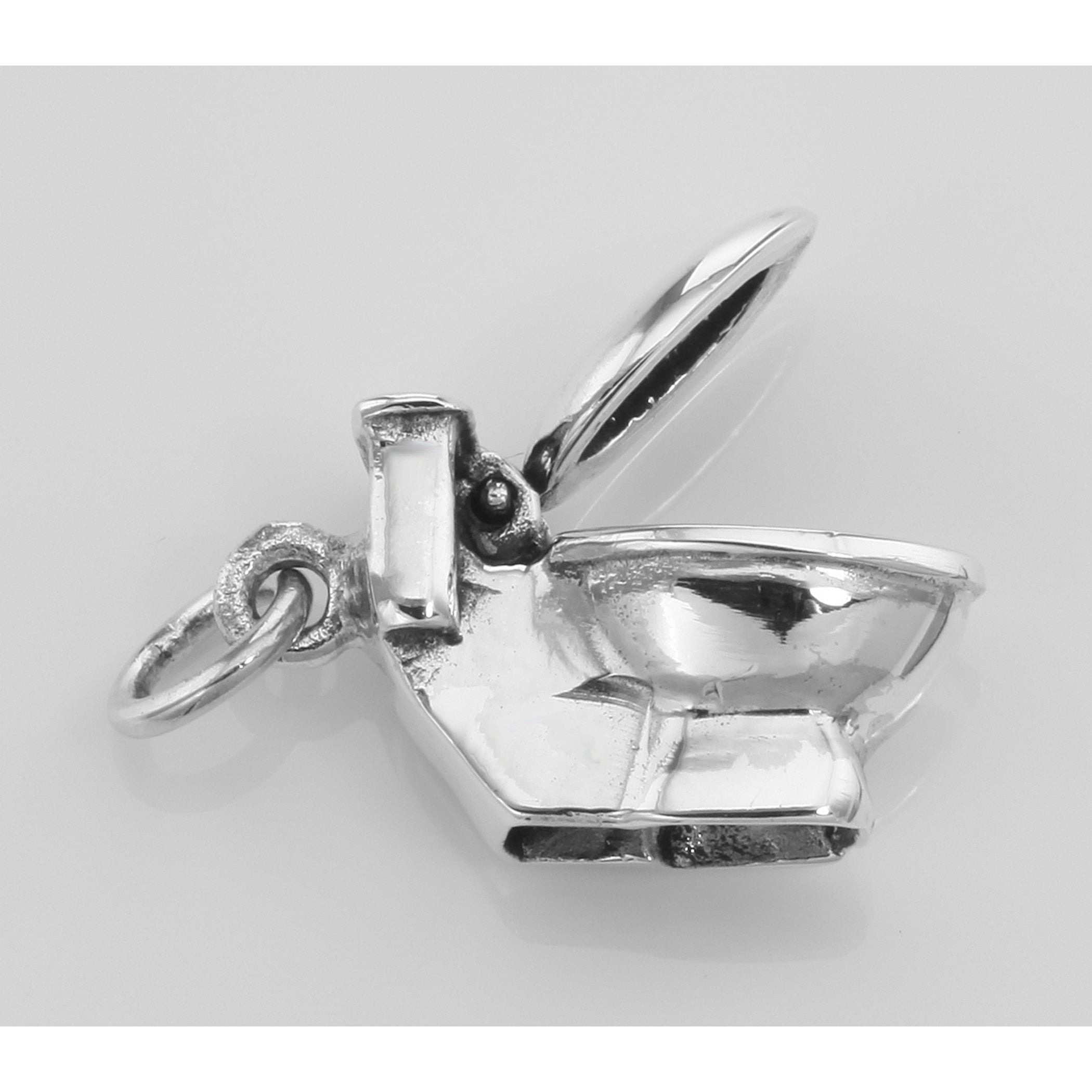 Back view of Movable Toilet Charm Pendant Lid Opens - Potty showing 925 sterling silver hallmark and spring ring clasp