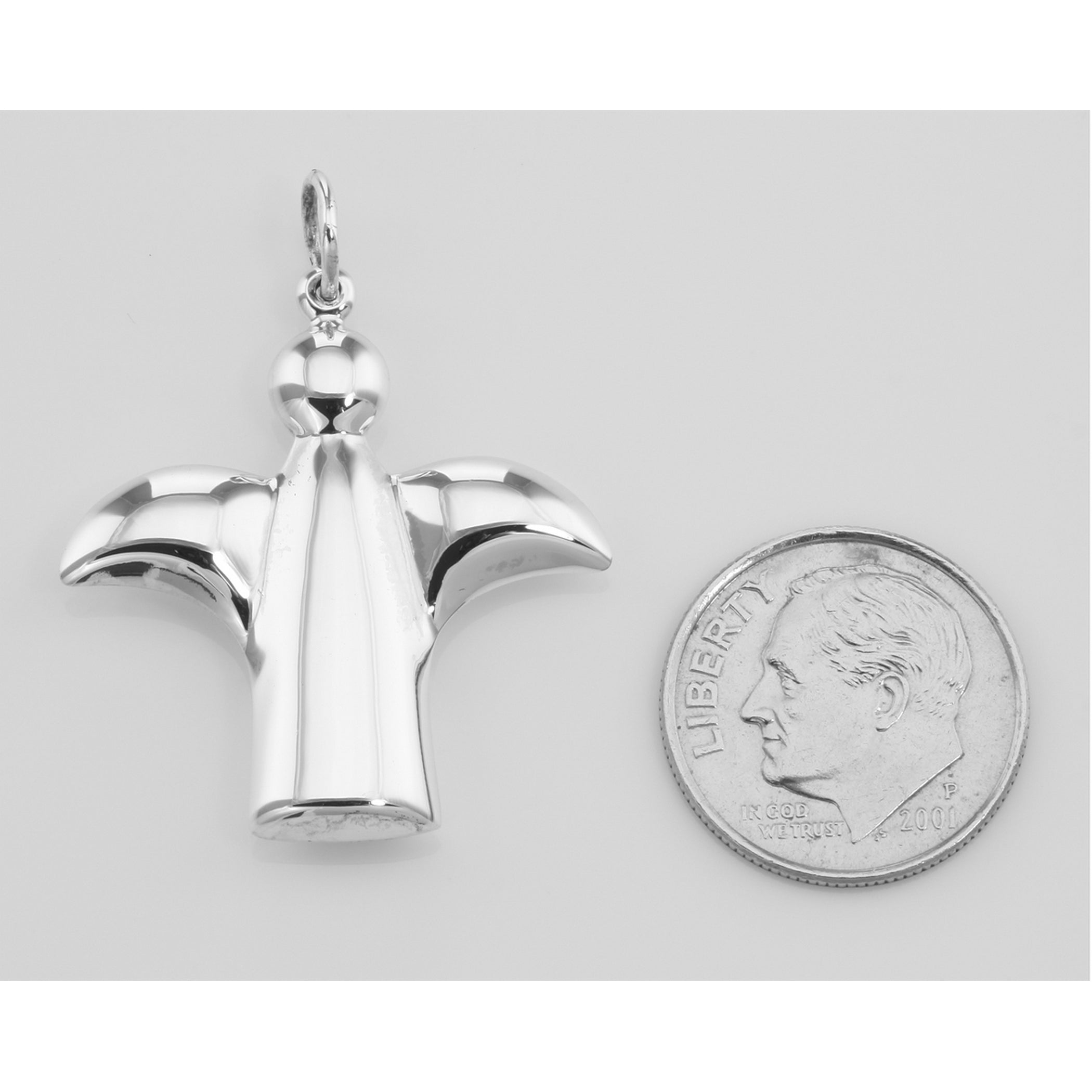 Back view of Stylized Angel Charm Pendant showing 925 sterling silver hallmark and spring ring clasp