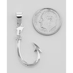 Back view of Classic Barbed Fish Hook Pendant showing 925 sterling silver hallmark and spring ring clasp