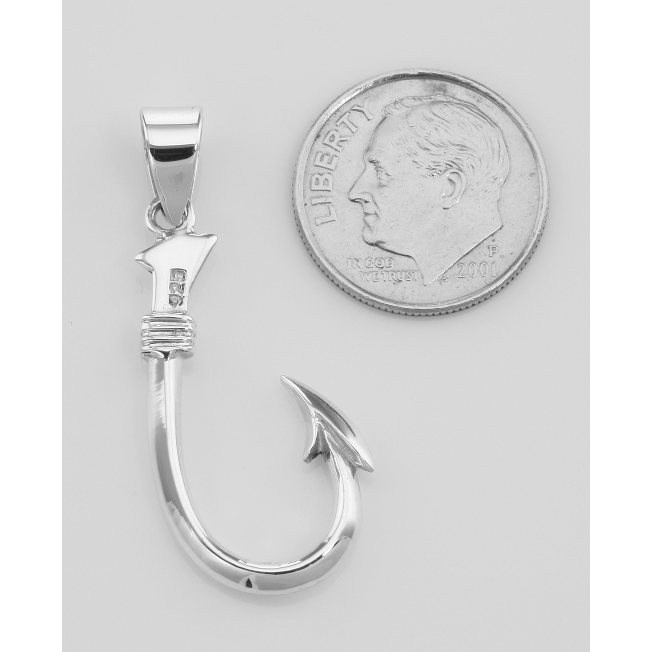 Back view of Classic Barbed Fish Hook Pendant showing 925 sterling silver hallmark and spring ring clasp