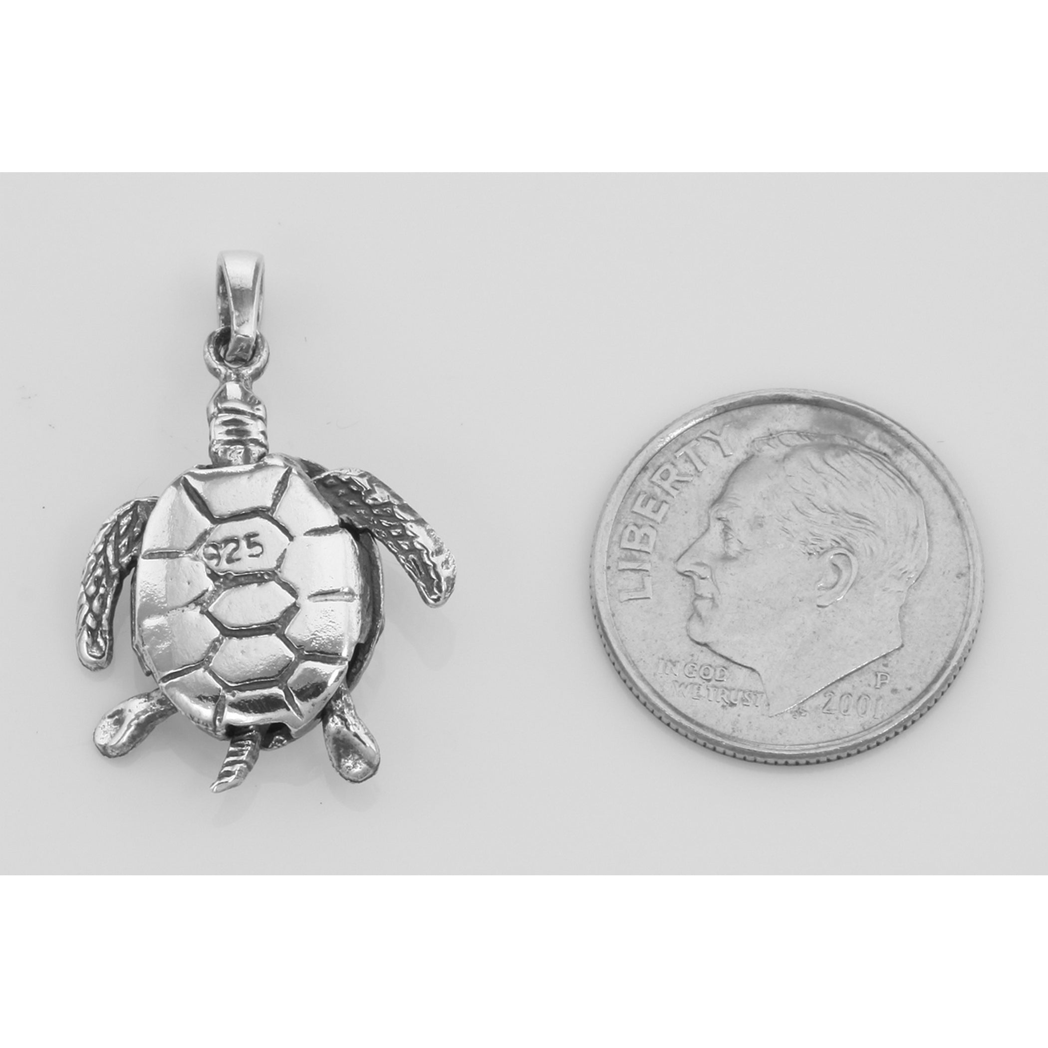 Back view of Moveable Sea Turtle Pendant Charm - Movable showing 925 sterling silver hallmark and spring ring clasp