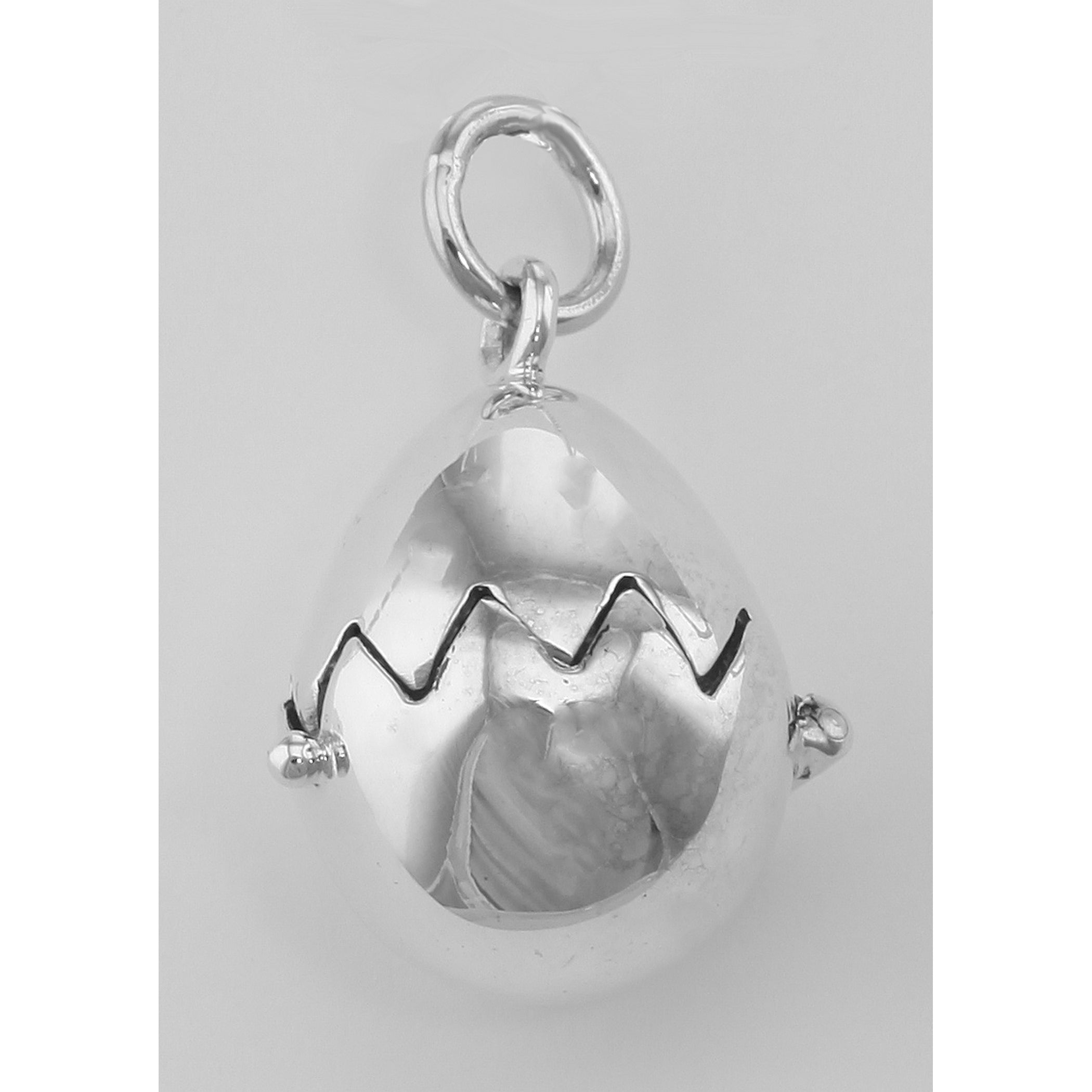 Back view of Egg Charm Pendant Opens - Chick Inside showing 925 sterling silver hallmark and spring ring clasp